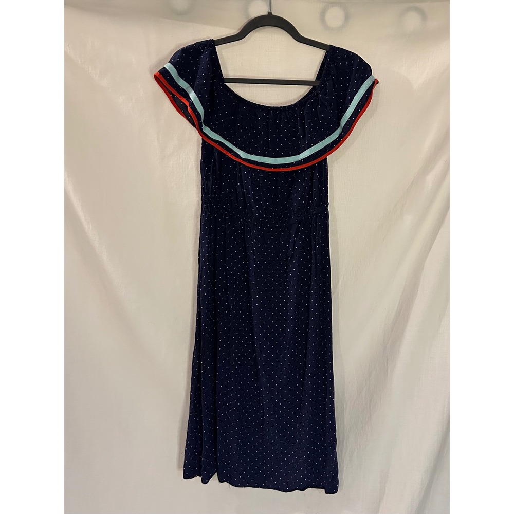 Maison Jules Navy Polka Dot Off The Shoulder Midi Dress Ruffle Trim Size M